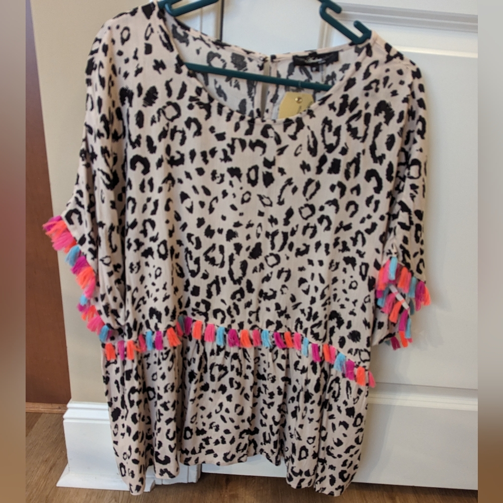 Boutique XL/1X Leopard Print Women's Top with Colorful Tassels